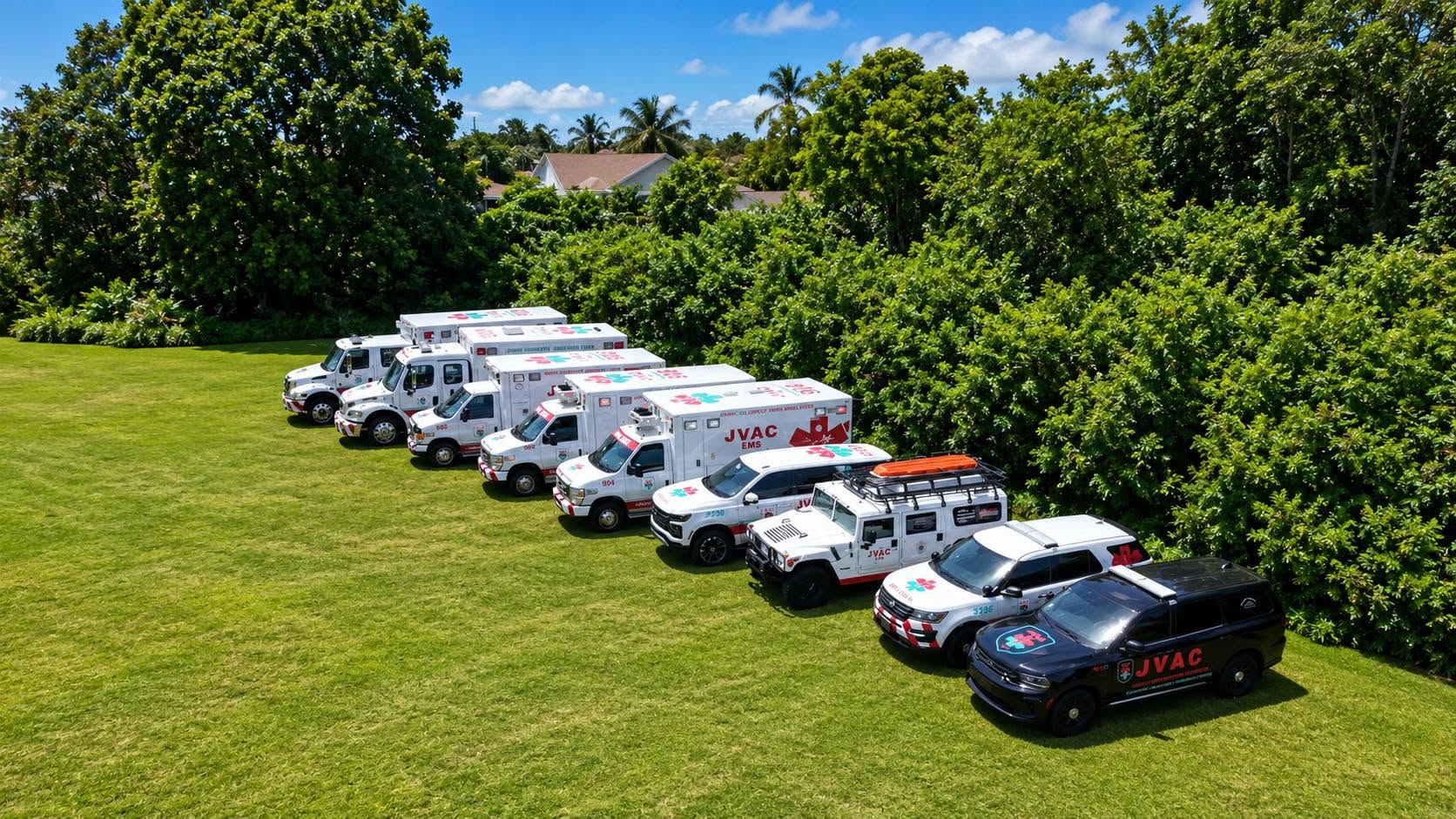 JVAC emergency-response fleet lined up on a lawn
